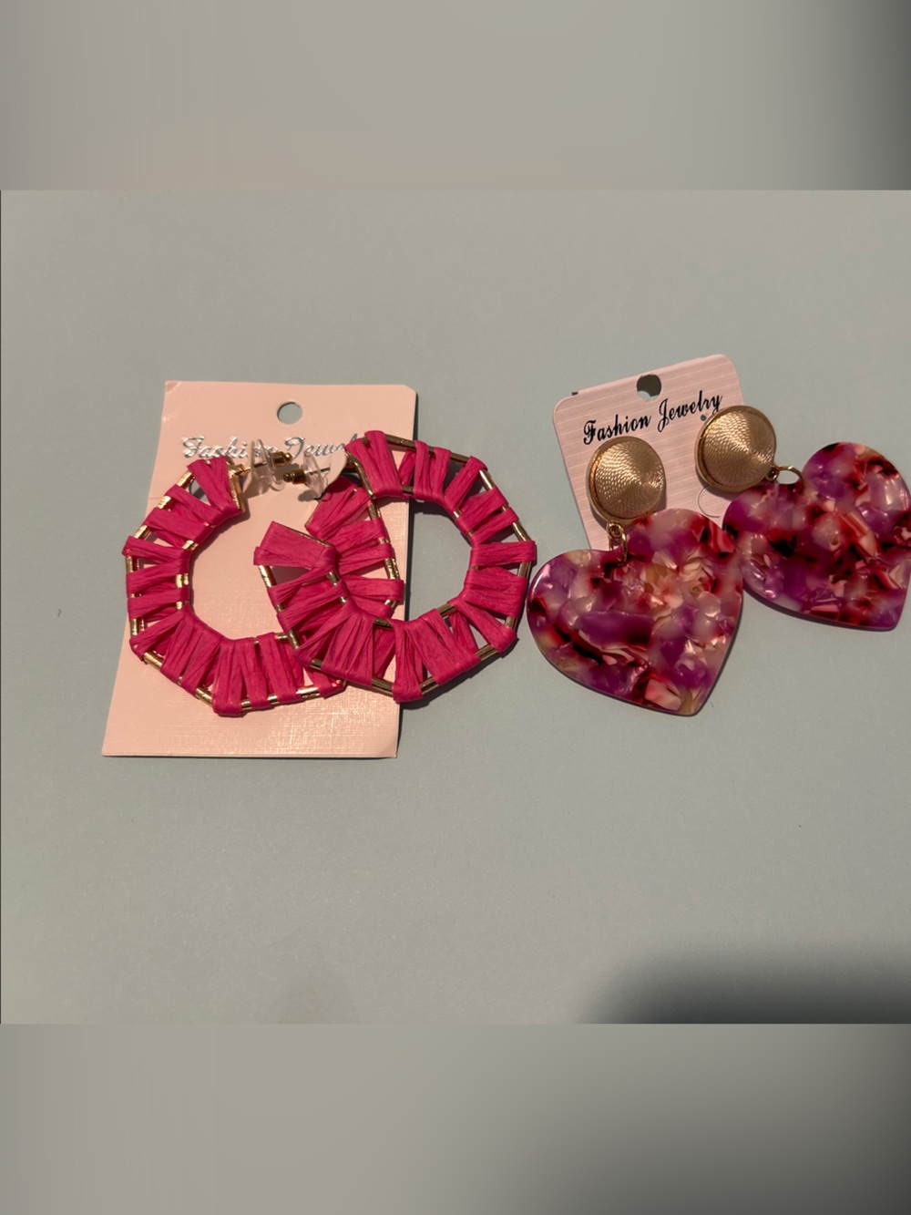 Pink Raffia Hoop Earrings & Pink Marbled Heart Earrings